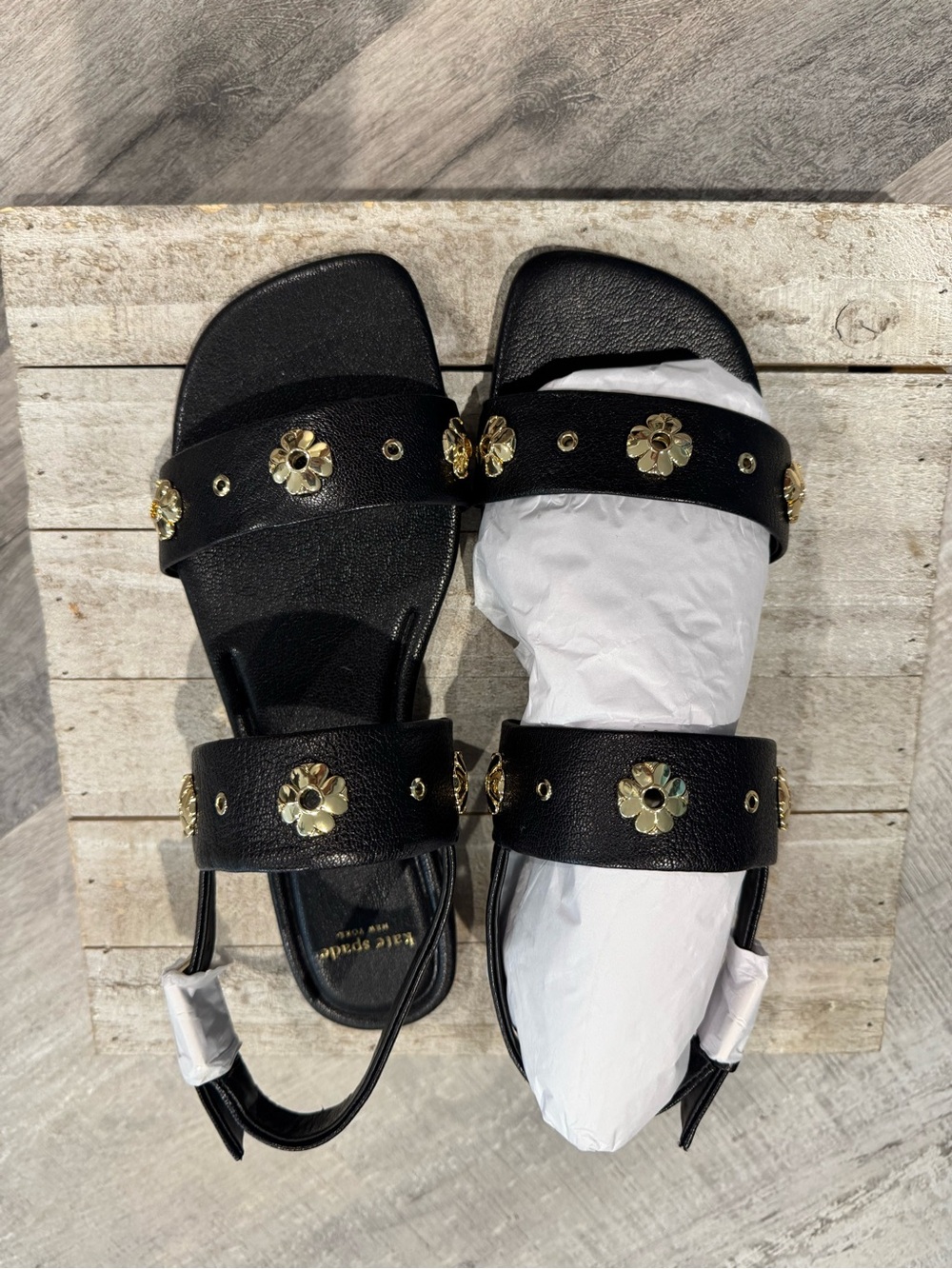 NWT Kate Spade Black Floral Stud Double-Strap Sandals